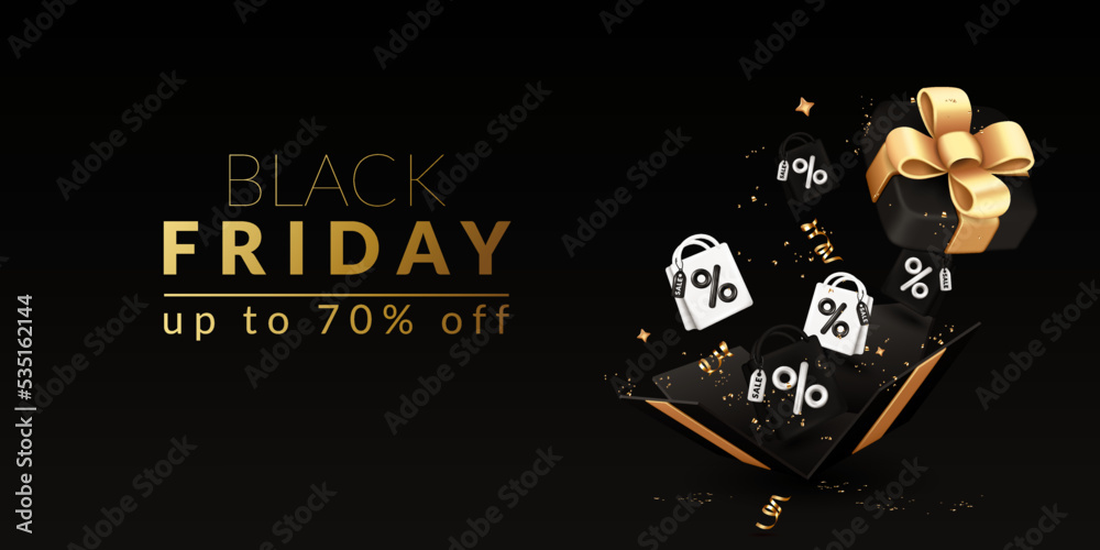 Obraz premium Black Friday concept. Banner with gift box, shopping bags, ribbons and confetti.