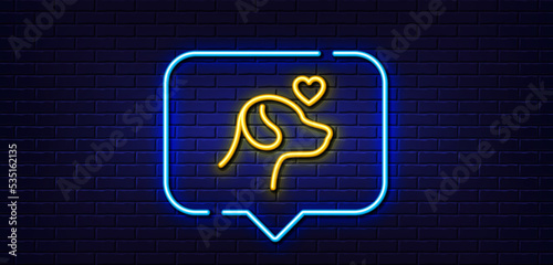 Neon light speech bubble. Pets care line icon. Veterinary clinic sign. Dog health symbol. Neon light background. Pets care glow line. Brick wall banner. Vector