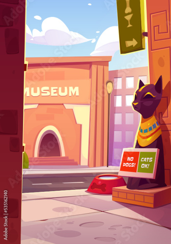 Ancient Egyptian city street with museum and cat statue. Cartoon vector illustration of old historical town with modern and old architecture, feline goddess on sidewalk, pet water bowl, no dogs sign