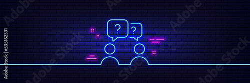 Neon light glow effect. Teamwork questions line icon. Ask help sign. Support problem symbol. 3d line neon glow icon. Brick wall banner. Teamwork questions outline. Vector