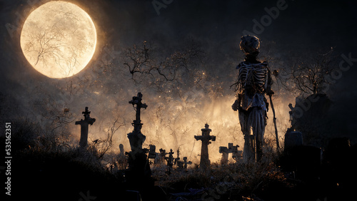A skeleton moving through a misty graveyard in the evening. Spooky concept.Digital art