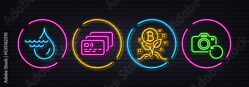 Card, Bitcoin project and Hydroelectricity minimal line icons. Neon laser 3d lights. Recovery photo icons. For web, application, printing. Vector