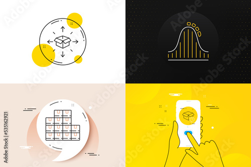 Minimal set of Roller coaster, Wholesale inventory and Secret package line icons. Phone screen, Quote banners. Parcel delivery icons. For web development. Vector