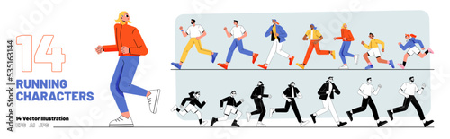 Running characters set people run in line. Adults and children jogging, sports marathon, exercising, healthy lifestyle, hurry at work or school, Line art flat vector color and monochrome Illustration