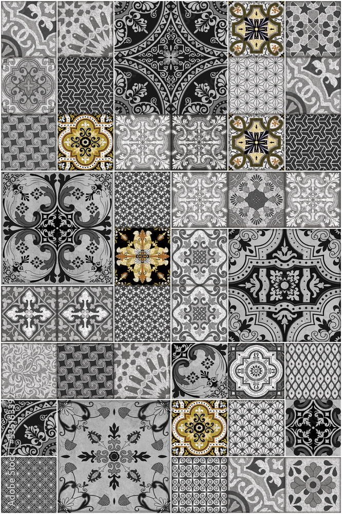 Vintage black and white tiled wall and floor stone pattern with unique mixed design pattern.	