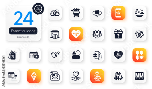Set of Holidays flat icons. Tickets, Ice cream and Gps elements for web application. Secret gift, Hold heart, Puzzle icons. Smartphone buying, Love message, Piggy sale elements. Vector
