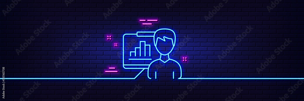 Neon light glow effect. Presentation board line icon. Column graph sign. Growth diagram symbol. 3d line neon glow icon. Brick wall banner. Presentation board outline. Vector