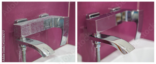 Mixer before and after applying the cleaning agent. Dirty with a coating and a clean faucet. Collage