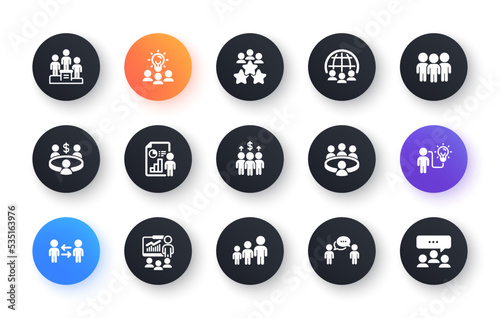 Meeting icons set. Online seminar, classroom, conference. Team, work and business idea icons. Discussion, classroom job, people management. Presentation, office meeting, consultation. Vector