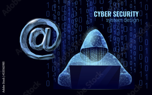 Internet security cyber attack business concept low poly. Anonymous hacker at the laptop computer blue finance danger. Server room rack polygonal point line dot geometric design vector illustration
