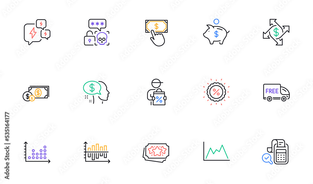 Pay, Dollar money and Diagram line icons for website, printing. Collection of Free delivery, Delivery discount, Bill accounting icons. Payment exchange, Stress, Dot plot web elements. Vector Pay, Dollar money and Diagram line icons for website, printing. Collection of Free delivery, Delivery discount, Bill accounting icons. Payment exchange, Stress, Dot plot web elements. Vector