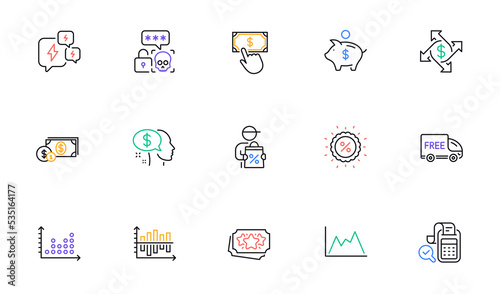 Pay, Dollar money and Diagram line icons for website, printing. Collection of Free delivery, Delivery discount, Bill accounting icons. Payment exchange, Stress, Dot plot web elements. Vector