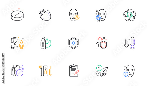Medical tablet, Electronic thermometer and Face protection line icons for website, printing. Collection of Blood and saliva test, Vaccine report, Strawberry icons. Medical drugs. Vector