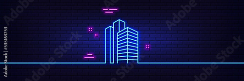 Neon light glow effect. Skyscraper buildings line icon. City architecture sign. Town symbol. 3d line neon glow icon. Brick wall banner. Skyscraper buildings outline. Vector