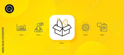 Food donation, Discount and Vip shopping minimal line icons. Yellow abstract background. Infographic graph, Clipboard icons. For web, application, printing. Vector
