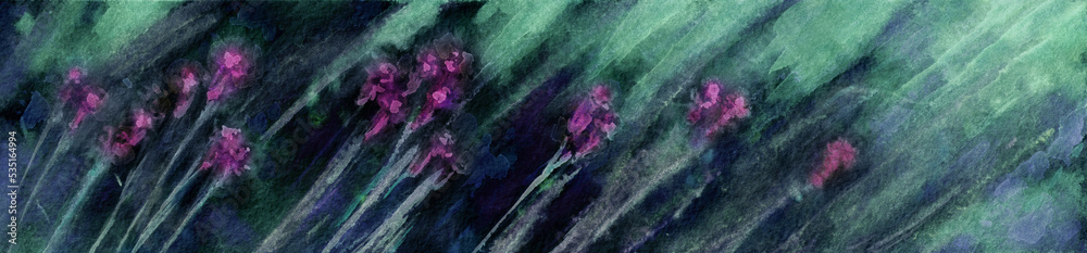 Nature floral banner template. Beautiful night meadow landscape. Abstract Purple flowers with on dark green background. Watercolor painting on textured paper.