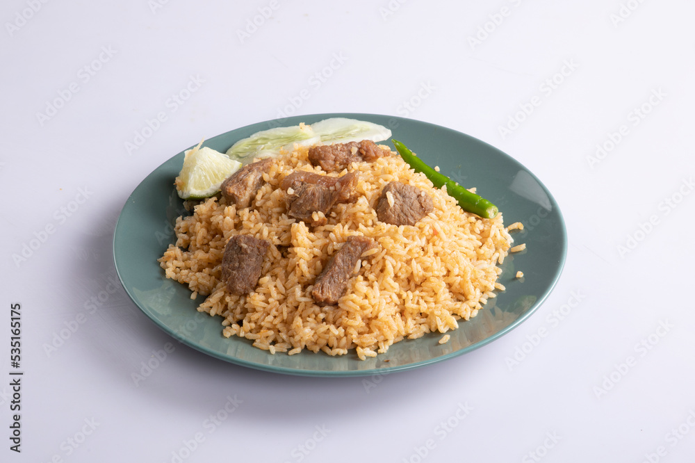 Kachchi Biriyani, chicken biriyani, prawn biriyani, Dhaka style biriyani, plain polau cooked by aromatic rice or chinigura rice isolated on white background. Kachchi Biriyani, chicken biriyani, prawn biriyani, Dhaka style biriyani, plain polau cooked by aromatic rice or chinigura rice isolated on white background.