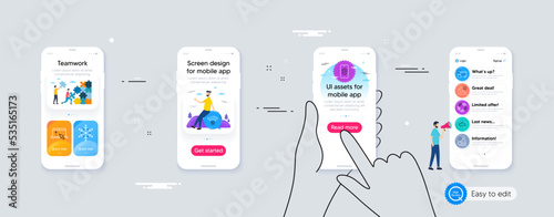 Set of Cloud system, Organic tested and Inspect line icons. Phone ui interface. Include Snowflake, Fingerprint, Swipe up icons. 5g wifi, Decreasing graph, Account web elements. Vector