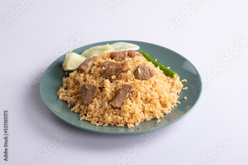 Kachchi Biriyani, chicken biriyani, prawn biriyani, Dhaka style biriyani, plain polau cooked by aromatic rice or chinigura rice isolated on white background.