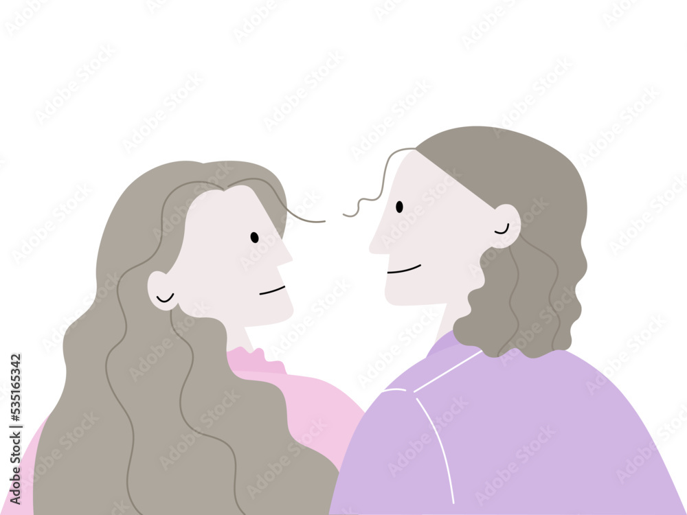 Couple people standing together with romantic emotion, valentine's day concept, flat vector illustration on white background.