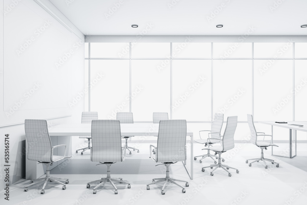 Design project of modern spacious office interior with huge white meeting table surrounded by chairs on panoramic window background. 3D rendering