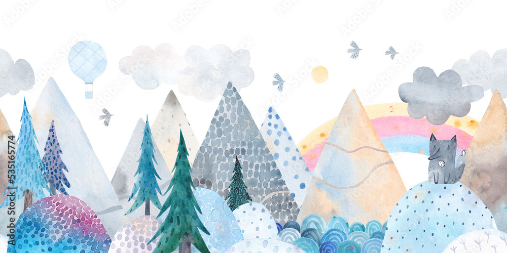 Fototapeta Winter landscape. Mountain landscape, hills, trail, lonely wolf, lake, balloon and clouds. Watercolor illustration. Children's poster. Seamless pattern.