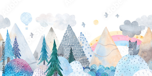 Winter landscape. Mountain landscape, hills, trail, lonely wolf, lake, balloon and clouds. Watercolor illustration. Children's poster. Seamless pattern.