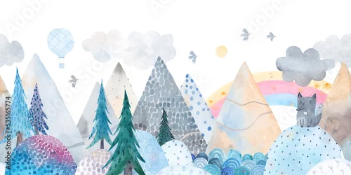Obraz Winter landscape. Mountain landscape, hills, trail, lonely wolf, lake, balloon and clouds. Watercolor illustration. Children's poster. Seamless pattern.