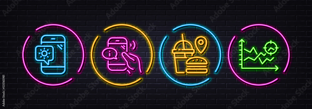Call center, Fast food and Weather phone minimal line icons. Neon laser 3d lights. Seo analysis icons. For web, application, printing. Phone support, Meal order, Travel device. Targeting chart. Vector