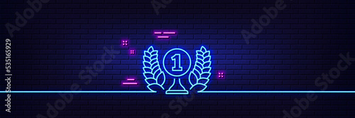 Neon light glow effect. Laureate award line icon. Winner prize symbol. Prize with Laurel wreath sign. 3d line neon glow icon. Brick wall banner. Laureate award outline. Vector