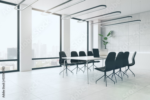 Bright concrete white meeting room interior with furniture, window with city view and decorative plants. 3D Rendering.