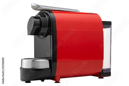 Red coffee machine with black inserts, for making capsule coffee, on a white background, diagonal arrangement, isolate