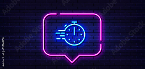 Neon light speech bubble. Cooking timer line icon. Frying stopwatch sign. Food preparation symbol. Neon light background. Cooking timer glow line. Brick wall banner. Vector