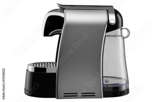 Silver gray electric capsule coffee machine, modern design, for making coffee, on a white background, isolate photo