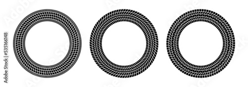 Auto tire tread circle frames set. Car and motorcycle tire pattern, wheel tyre tread track print. Black tyre round border. Vector illustration isolated on white background.