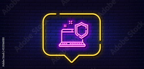 Neon light speech bubble. Computer security line icon. Laptop privacy sign. Online safe defense symbol. Neon light background. Computer security glow line. Brick wall banner. Vector