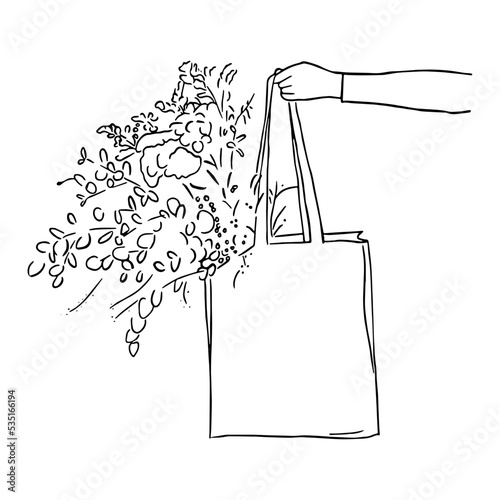 Line art minimal of hand holding tote bag with flowers in hand drawn concept for decoration, doodle style