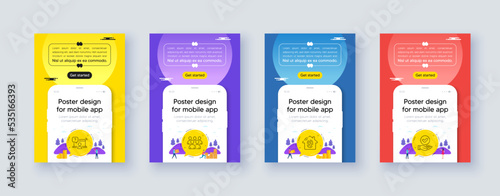 Simple set of Fingerprint access, Online question and Group line icons. Poster offer design with phone interface mockup. Include Approved checkbox icons. For web, application. Vector