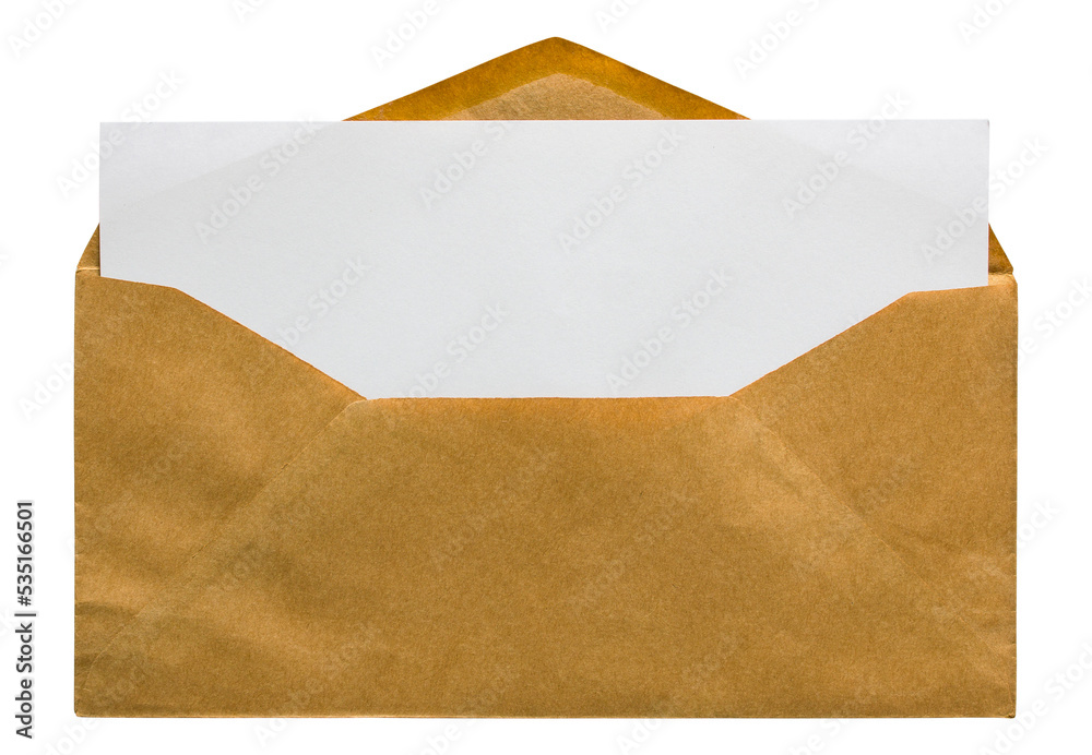 open brown envelope with blank letter isolated with clipping path for