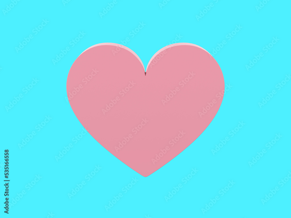 Flat heart. Pink single color. Symbol of love. On a monochrome blue background. Front view. 3d rendering.