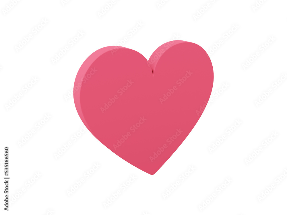 Flat heart. Symbol of love. Red single color. On a monochrome white background. View left side. 3d rendering.
