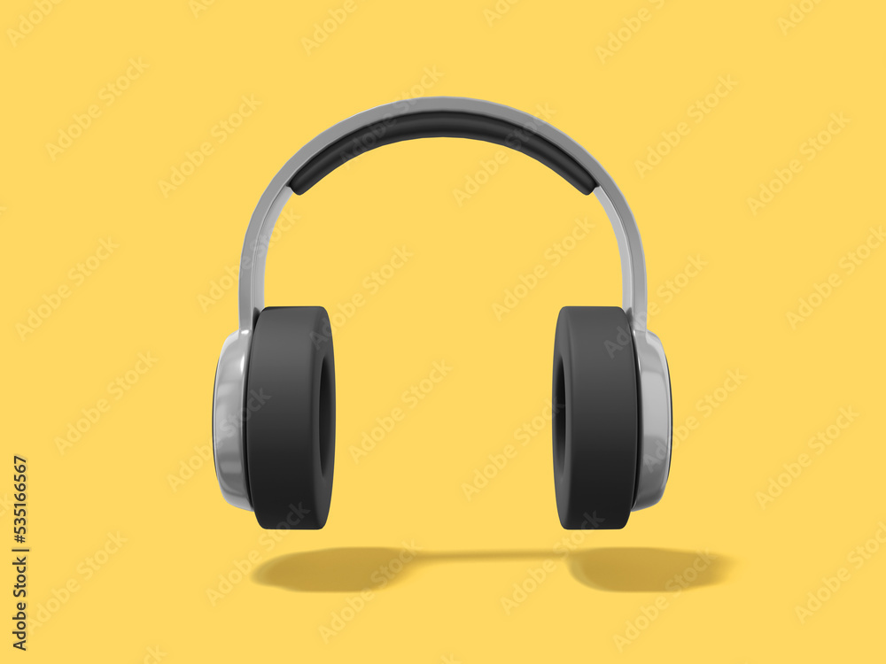 Realistic gray headphones on yellow background. Front view. 3d rendering.