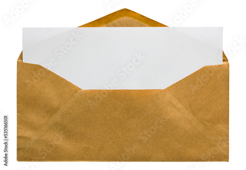 open brown envelope with blank letter isolated with clipping path for mockup photo