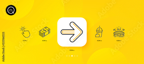 Ice cream milkshake, Next and Usd currency minimal line icons. Yellow abstract background. Sports arena, Touchpoint icons. For web, application, printing. Vector