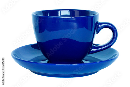 empty dark blue cup and saucer isolated with clipping path for mockup