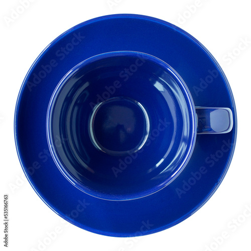 empty dark blue cup and saucer top view isolated with clipping path for mockup