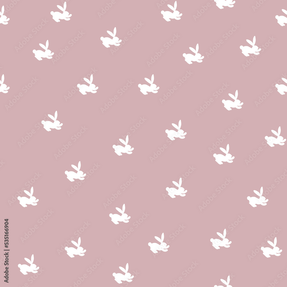 Seamless pattern with white silhouette Easter rabbits on pink background. Design for card, postcard, wallpaper, fabric, textile. Vector stock illustration. Cartoon style Seamless pattern with white silhouette Easter rabbits on pink background. Design for card, postcard, wallpaper, fabric, textile. Vector stock illustration. Cartoon style