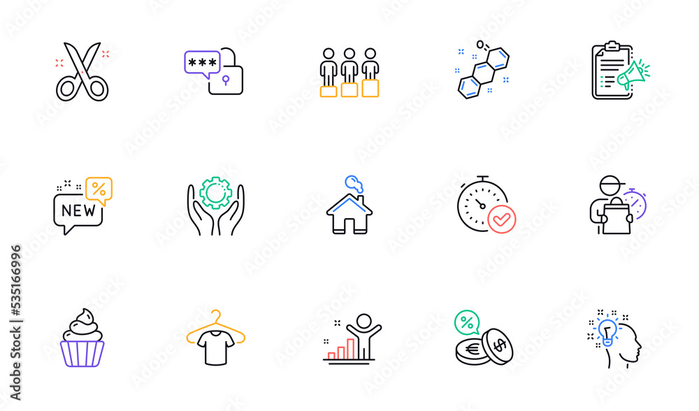 Currency exchange, Home and T-shirt line icons for website, printing. Collection of New, Scissors, Employee hand icons. Fast verification , Megaphone checklist, Delivery man web elements. Vector
