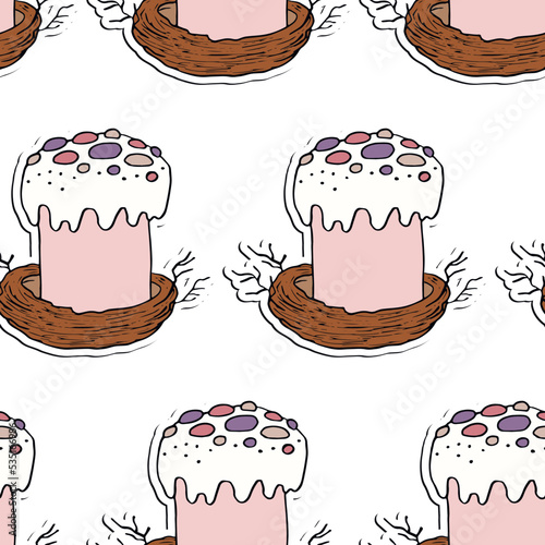 Seamless pattern with Easter cake on white background. Hand drawn Happy Easter symbol. Design for card, postcard, wallpaper, poster, fabric, textile. Holiday sweet food. Doodle style