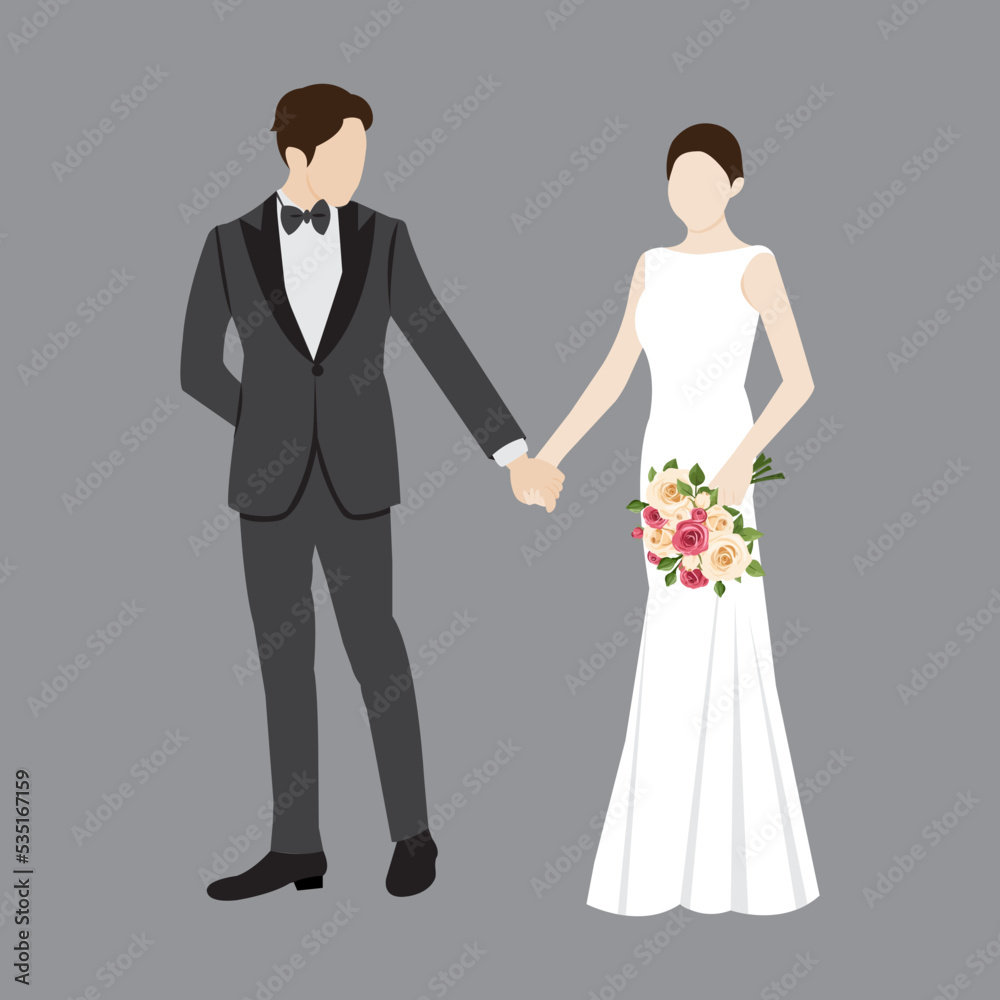 Beautiful young bride and groom couple holding hands on wedding day vector illustration Beautiful young bride and groom couple holding hands on wedding day vector illustration